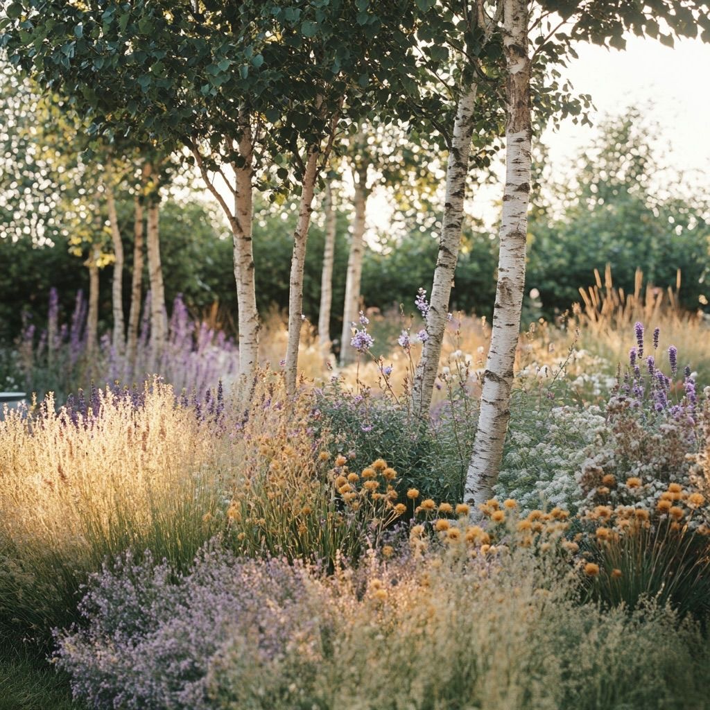 Gravel garden with silver birches and ornamental grasses